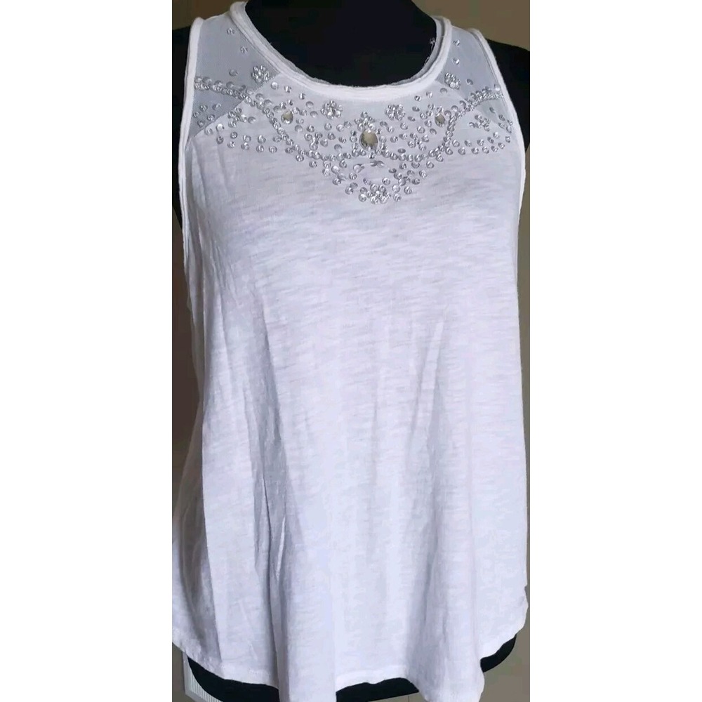 Abercrombie Tank Sz Medium Button Back Lace Top Jewels White Flowy Beautiful EUC